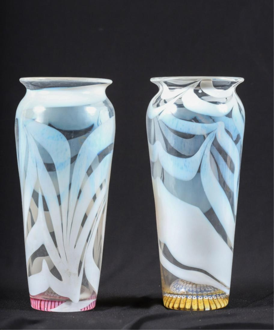 PAIR OF MURANO ART GLASS VASES: Clear with opaque white swirls and millefiori weighted bases. unsigned. 8 1/2 inches.