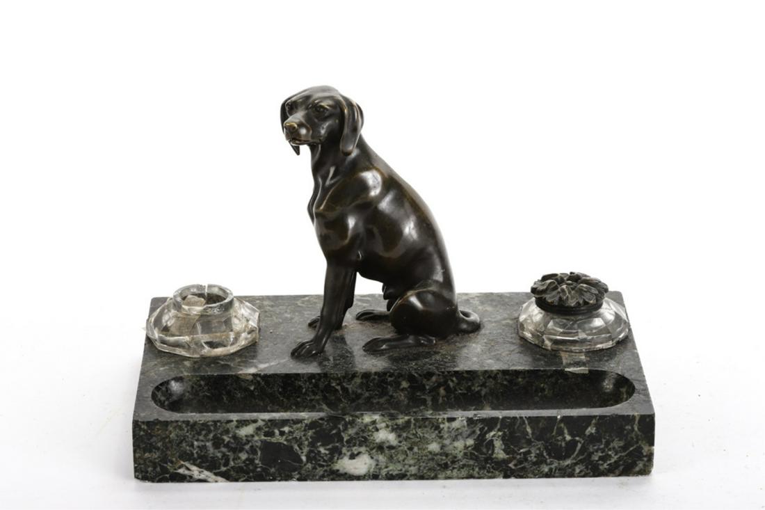 FIGURAL BRONZE INKSTAND with a HUNTING DOG: Mounted to a marble base carved to receive (2) inkwells and a pen set. unsigned. 7 1/2 x 10 1/2 x 6 1/2 inches.