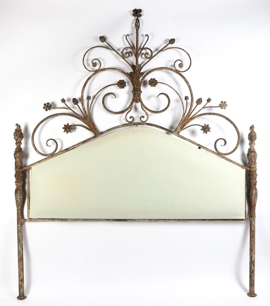 DESIGNER QUALITY WROUGHT IRON HEADBOARD: Cast iron posts with flame finials and (18th c) inspired floral and foliated sprays. All given a distressed finish treatment 92 x 78 inches