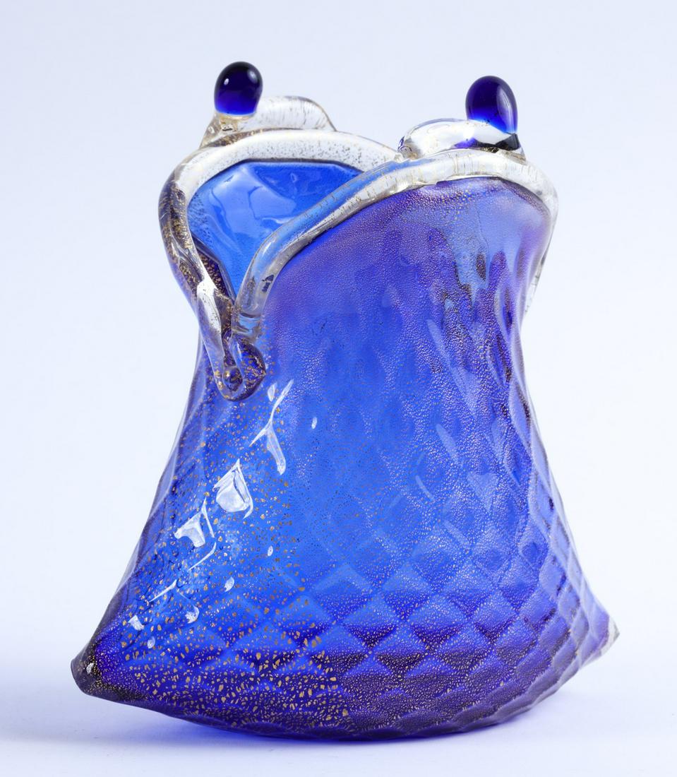 ZORA da VENEZIA MURANO GLASS PURSE FORM VASE: Two color vase incorporating gold flex. 7 1/2 inches