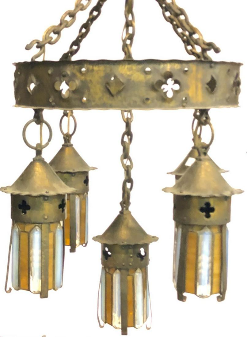 PERIOD ARTS & CRAFTS (5) LIGHT CEILING FIXTURE: Hammered and pierced patinated brass & iron with opalescent and slag glass leaded shares. approx 30 x 18 inches.