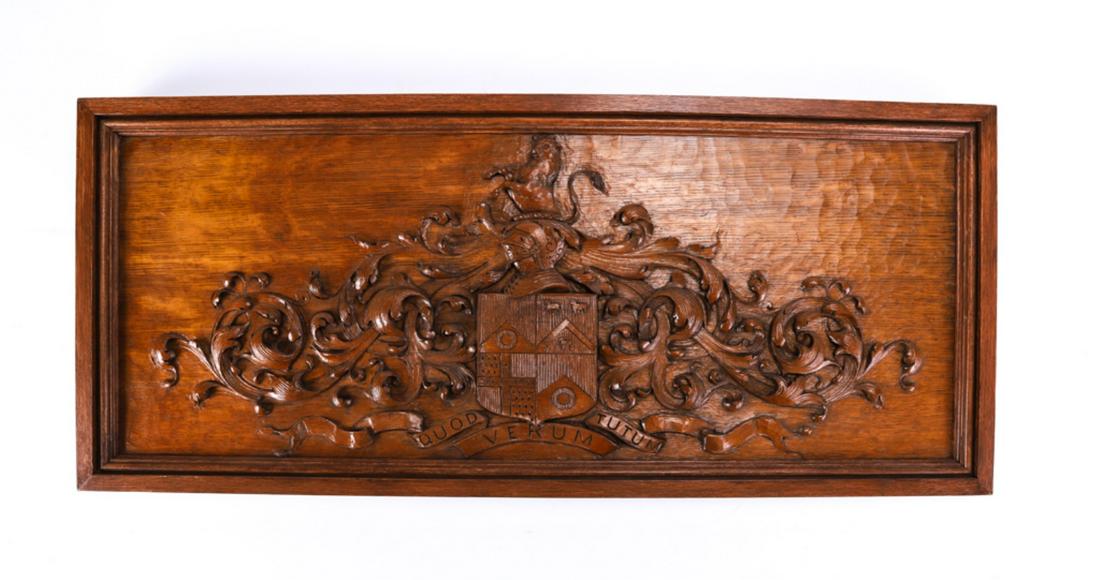 CARVED OAK PANEL with COAT of ARMS: What is true is right. 17 3/8" x 40 7/8" x 1 3/4"