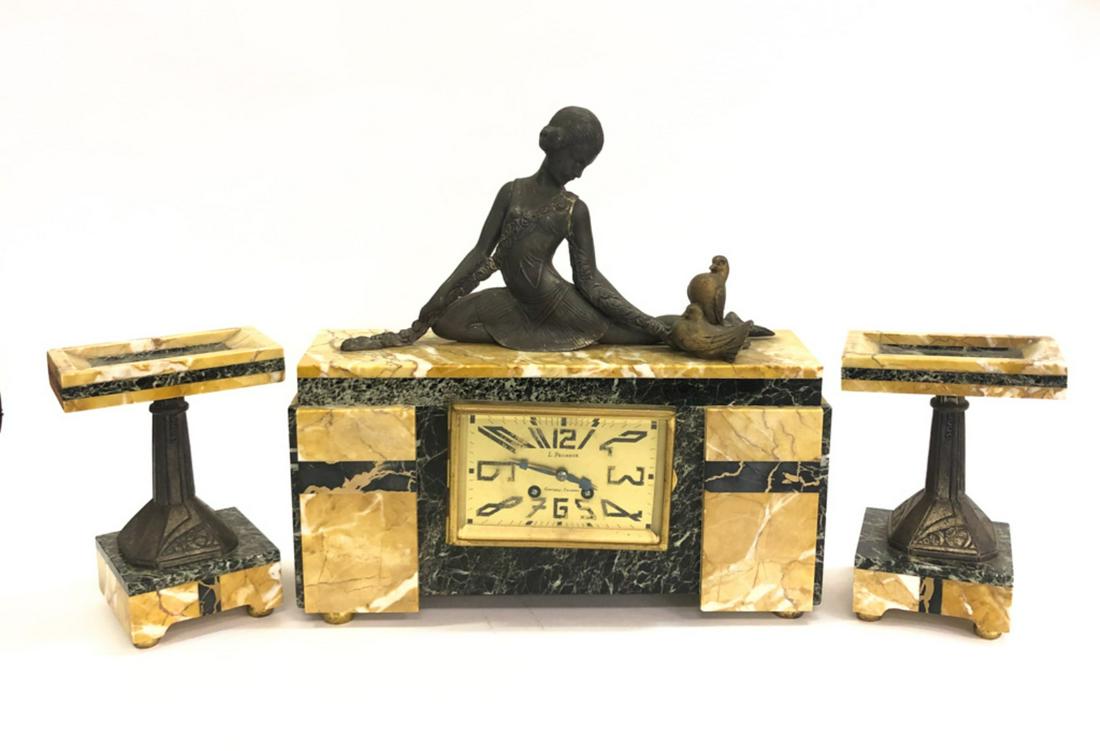 FRENCH ART DECO FIGURAL GARNITURE SET: Young girl with floral bough turns towards Doves zinc alloy, marble and onyx. 6 inch dial with chiming movement signed L. Pecheux Chateau Thierry. 15 x 15 x 4 1/2 inches (clock case)