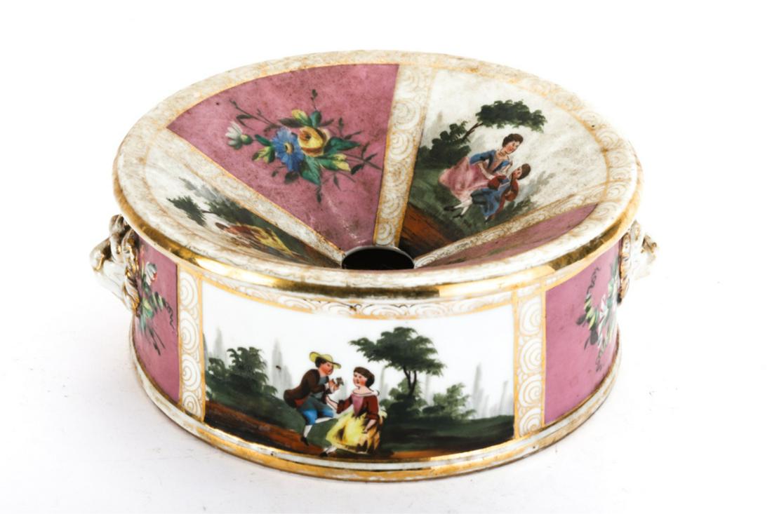 (19th c) CONTINENTAL PORCELAIN SPITTOON: In (2) parts each hand painted with courting scenes and floral sprays. signed. 3 1/2 x 9 1/2 inches.