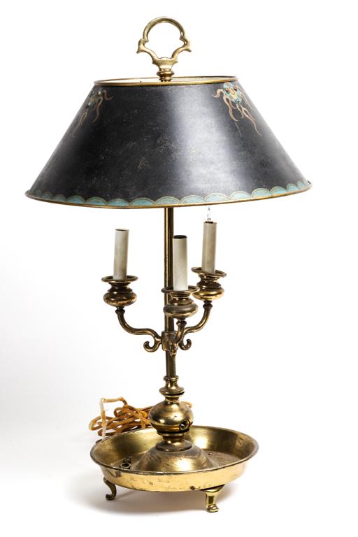 (3) LIGHT BRASS TABLE LAMP: Column nests in a footed round tray. Hand painted metal shade. 27 1/2 inches