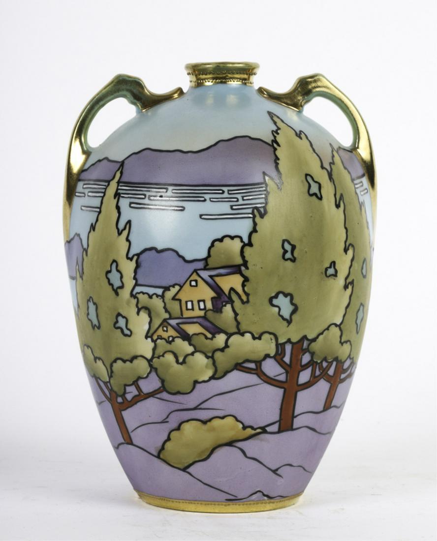 MORIMURA NIPPON PORCELAIN VASE w. STYLIZED VILLAGE: Signed. 8 inches.