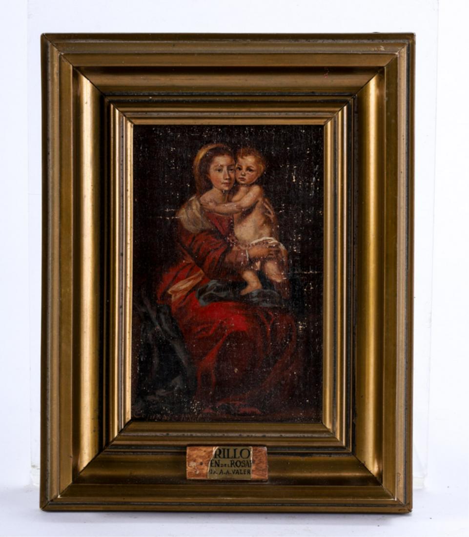 (20th c) EUROPEAN SCHOOL MADONNA and CHILD: Oil on panel 6 1/2 x 4 1/4 inches. signed illeg. framed 9 x 7 inches (overall)