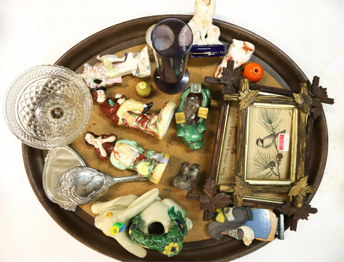 GROUPING OF STAFFORDSHIRE, FRAMES, GLASS etc: Frames include embroidered birds and cottage, rabbit watering can, Asian ceramic foo dog ashtray, Staffordshire dogs and figures, silver plated hand mirrors etc.