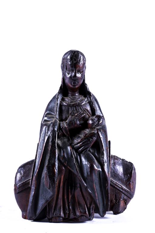 (17th / 18th c) EUROPEAN SCHOOL "MADONNA & CHILD": Mary feeds Jesus on donkey. Carved wood. 8 inches