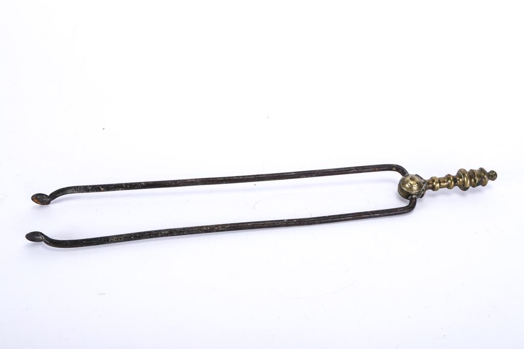 DIMINUTIVE IRON & BRASS EMBER TONGS: 20 1/2 inches.