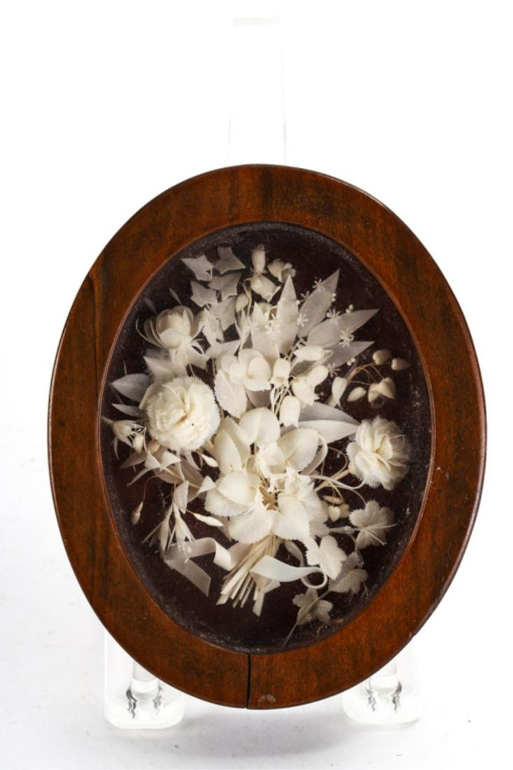 MINIATURE SHADOW BOX with a HAND CARVED BOUQUET: Of miniature roses, lily of the valley, baby's breath etc5 x 4 inches.