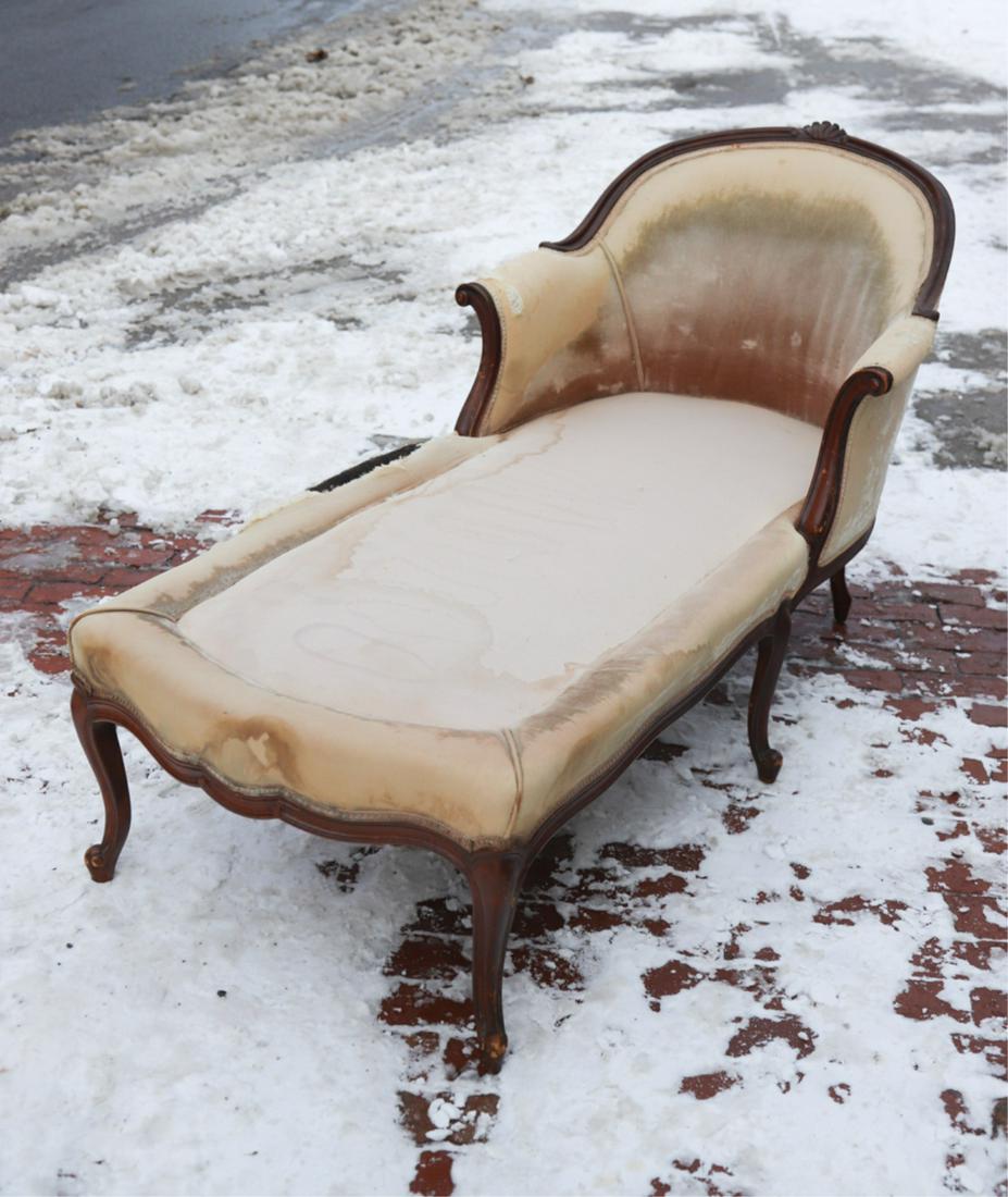 LOUIS XV STYLE RECAMIER / CHAISE LOUNGE: Shell carved crest with scrolled arms and shaped frame. 32 x 62 x 29 inches