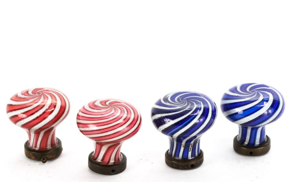 (4) ANTIQUE SWIRL GLASS DOOR KNOBS: 2 x 2 inches including brass hardware with 1/4 inch spindle sleeves.