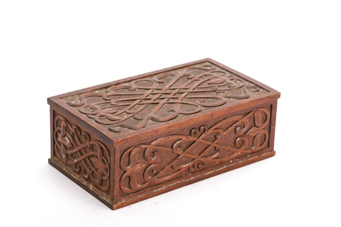 HAND CARVED ART NOUVEAU WOODEN BOX DATED 1938: (5) Sides carved in bas relief with art nouveau scroll work. mahogany 3 1/2 x 9 1/2 x 5 1/2 inches signed L.T. Sargent 1938.
