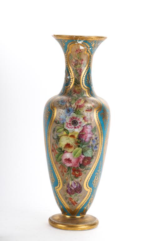 CONTINENTAL HAND PAINTED MILK GLASS VASE: Painted with sprays of poppies, roses, lilacs and other floral buttons. unmarked 23