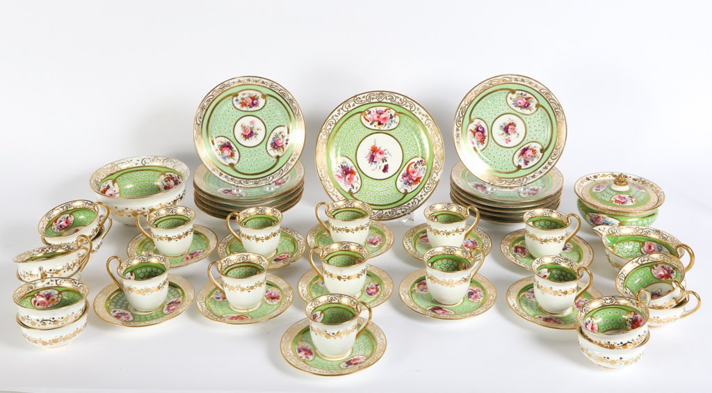 COALPORT FELSPAR PORCELAIN PARTIAL TEA SERVICE: Including: Creamer, sugar and waist bowl. (1) lunch plate, (10) cake plates, (10) coffee cups, (12) saucers and (11) tea cups. Patronised by the Society of Arts* the Gold Medal Award
