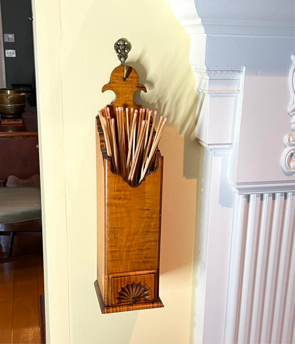 ELDRED WHEELER TIGER MAPLE PIPE BOX: fan carved drawer, label verso, 17 x 4 x 4.5 inches