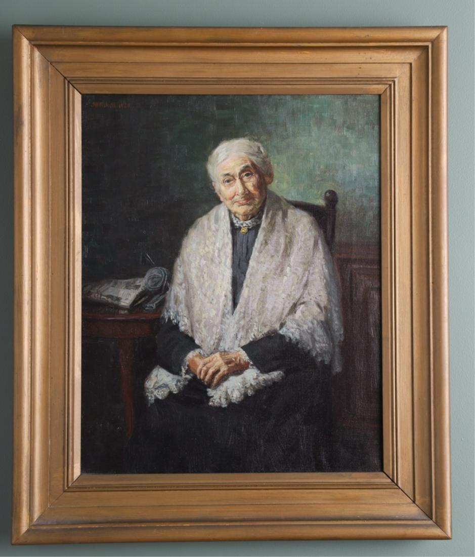 JOSEPH B. KAHILL (AMERICAN 1882-1957) PORTRAIT OF: Oil on canvas of a seated woman wearing a shawl, a newspaper and knitting by her side, signed "J. B. Kahill" upper left and dated 1920, 20 x 16 inches, frame, 26 x 22.5 inches