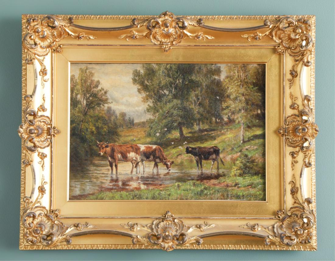 THOMAS BIGELOW CRAIG (AMERICAN 1849-1924) OIL PAST: Oil on canvas, "By the Mill Pond", cattle in a stream, signed "Thos B. Craig" lower right, signed titled, retains frame tag verso, 10 x 14 inches, frame 16 x 20 inches