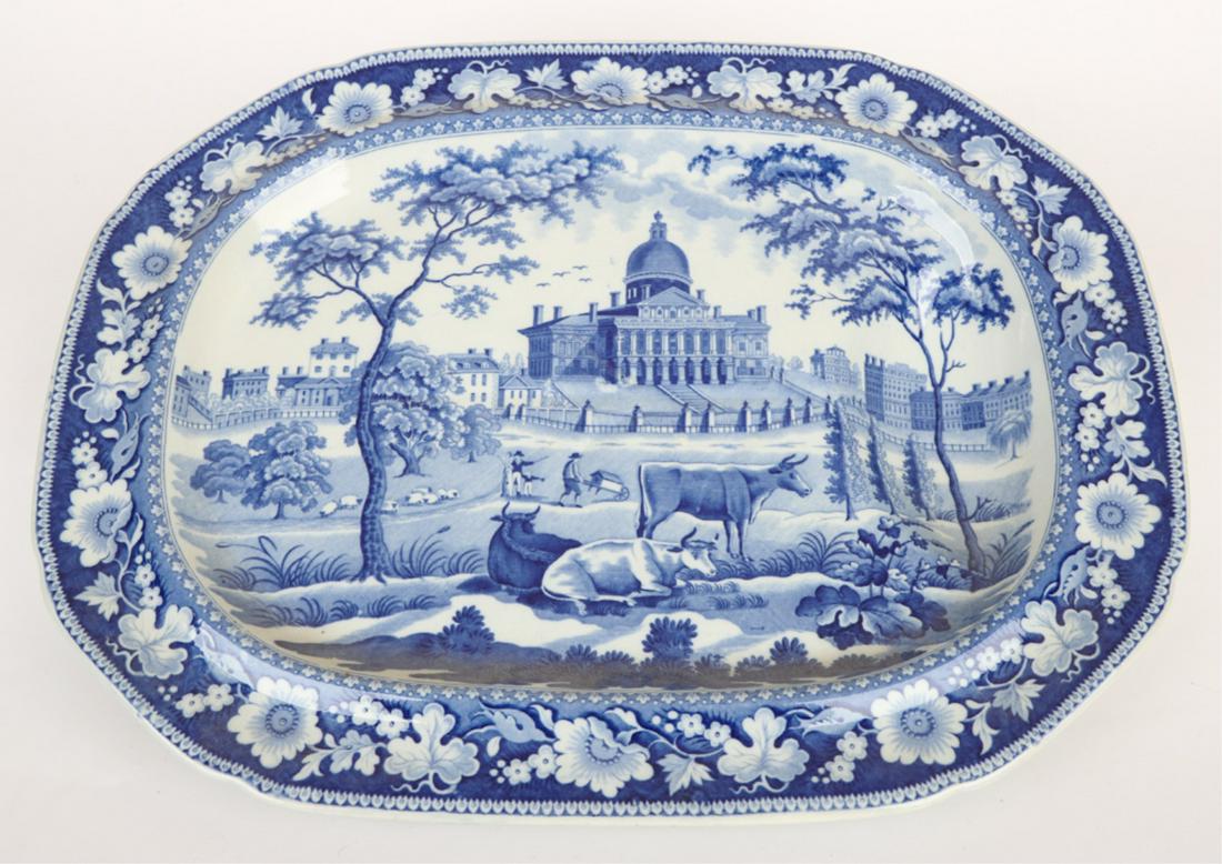HISTORICAL STAFFORDSHIRE, BOSTON STATE HOUSE: Well & tree rectangular platter with a transfer of the Boston State House with cattle in the foreground, 14.5 x 19 inches