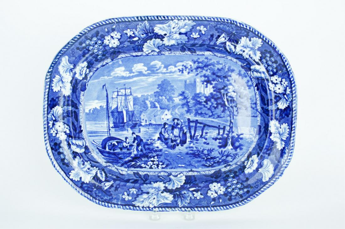 BLUE & WHITE STAFFORDSHIRE, ROCHESTER CASTLE: Rectangular platter with transfer of unloading of fish with the castle in the background 13 x 16.25 inches