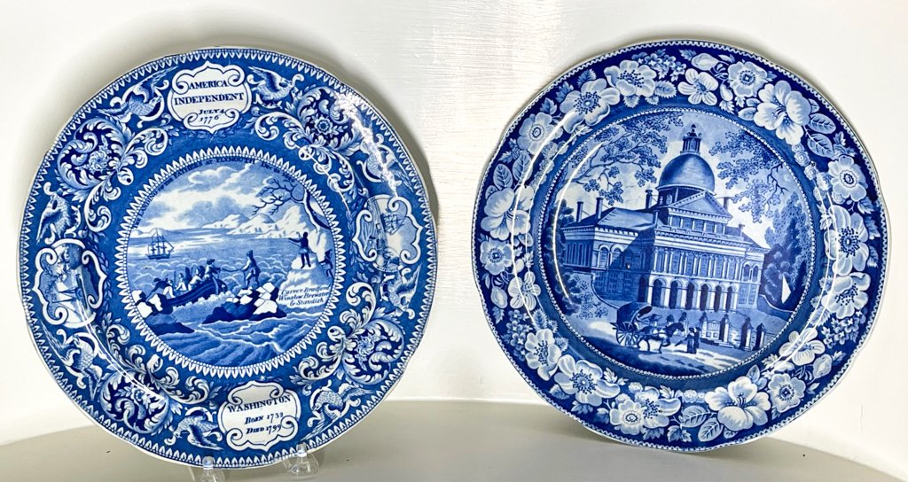 HISTORICAL STAFFORDSHIRE, BOSTON PLUS (2): Both by Enoch Wood, Boston State House, 10 inches diameter together with "American Independence, and George Washington commemorative, 10 inches diameter