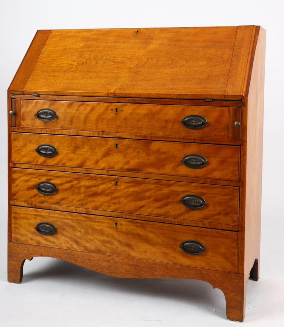 NEW ENGLAND COUNTRY BIRCH DESK: Flaming birchwood with nice drawer graduation. 42 inches h x 38.5 w