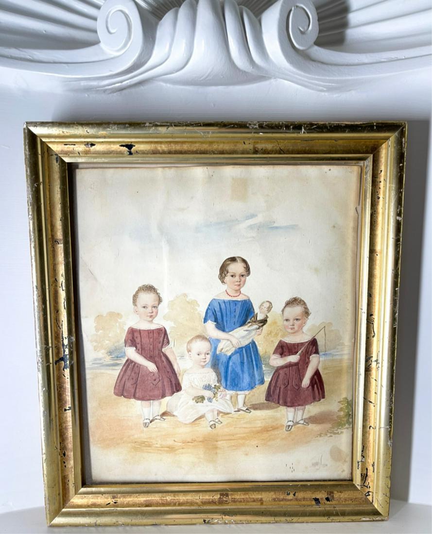 AMERICAN FOLK ART FAMILY WATERCOLOR: Children of a family, full length portrait showing the essence of an exterior setting, the oldest child in a blue dress holding a doll, twins in red dress, one holding a horse whip, the youngest seate