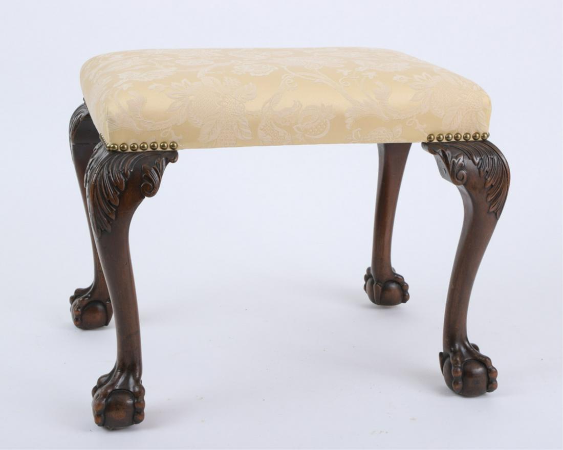 ENGLISH CHIPPENDALE STYLE STOOL: Late 19th century bench made, upholstered in gold damask, raised on four cabriole legs with carved knees, ending in ball and claw feet, 19 x 24 x 19