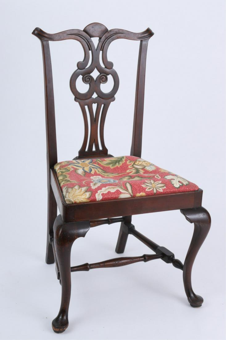 CENTENNIAL MAHOGANY CHIPPENDALE SIDE CHAIR: Transitional style, carved crestrail and splat, on cabriole legs with pad feet, 39 x 23 x 20