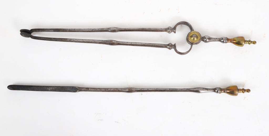 PAIR OF FEDERAL URN HANDLE FIRE TOOLS: Brass and iron poker and tongs, 28 inches long