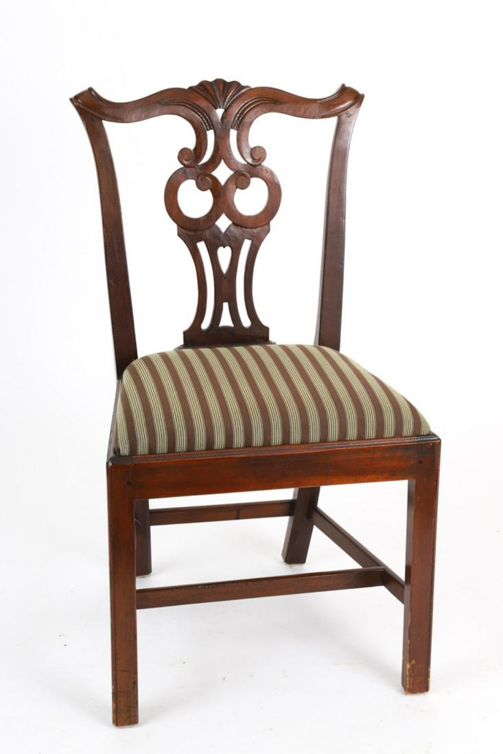 CENTENNIAL MAHOGANY CHIPPENDALE SIDE CHAIR: Bench made, carved crestrail and splat, slip seat above Marlborough legs, 36 x 20 x 17