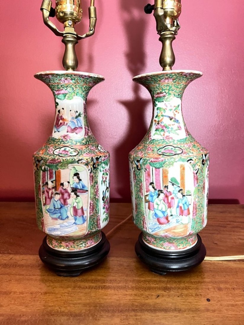 PAIR OF CHINESE ROSE MEDALLION LAMPS: Pair of late Qing Dynasty rose medallion trumpet vases, electrified as lamps, vase size, 9.5 inches high, overall, 21 inches high
