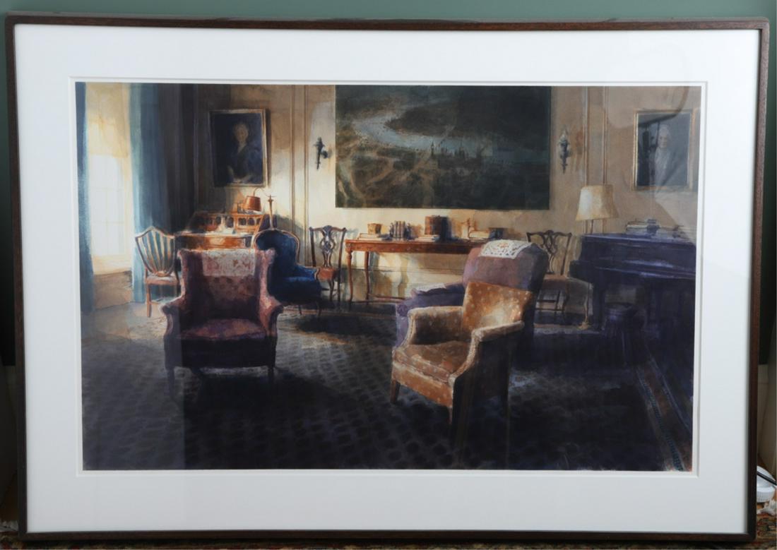 MIKE GREEN (AMERICAN 20TH C) WATERCOLOR: Arrangement of Chairs 1987, framed by Stanhope, Boston, framed by Stanhope, Boston, Clark Gallery label affixed verso, sight size, 25 x 40.75 inches, 35 x 49.5 inches