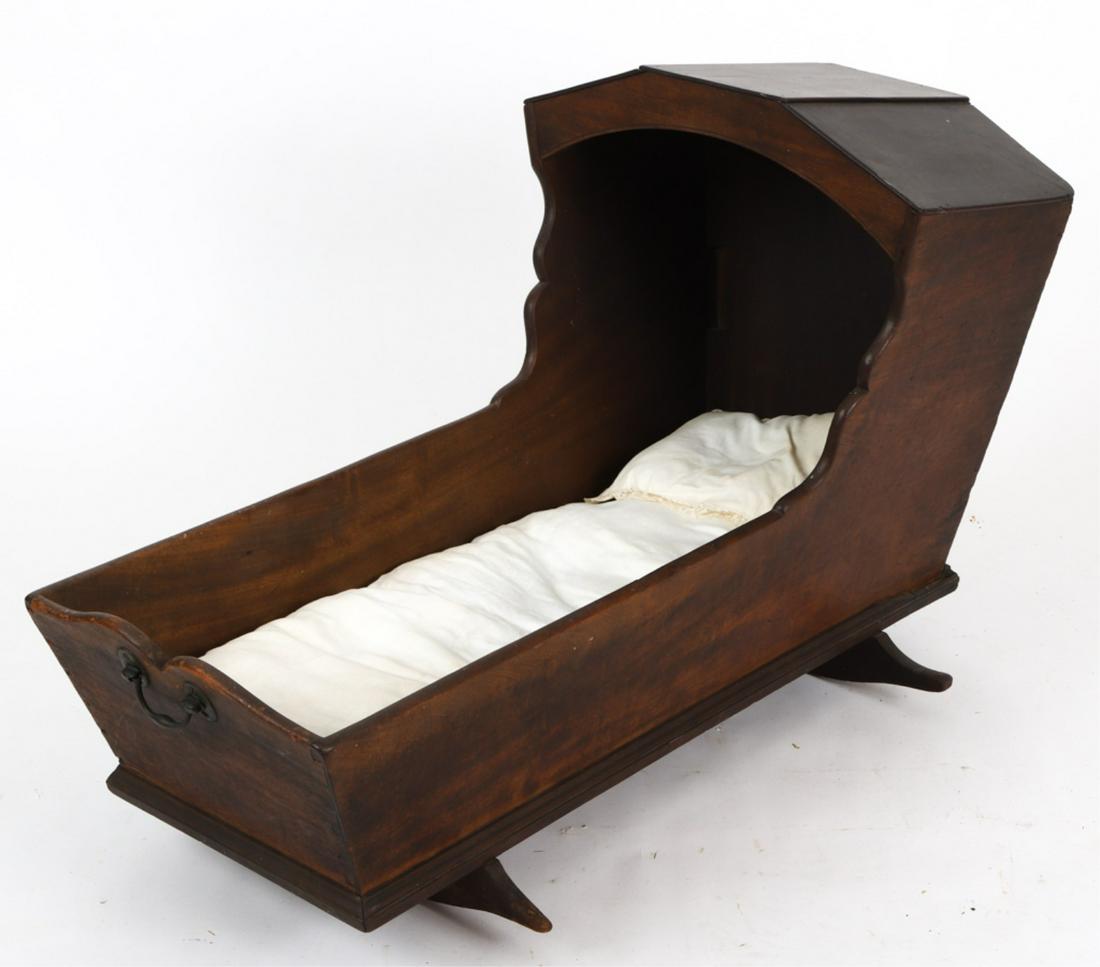 EARLY MAHOGANY CRADLE: Hooded with canted sides, NEED MEASUREMENTS