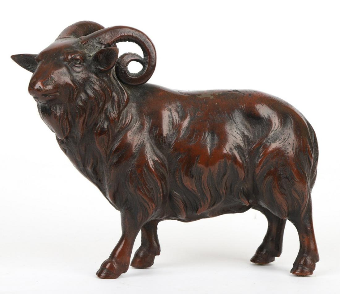 BRONZE PATINATED METAL RAM: Detailed fur, 8 x 9 x 3 inches