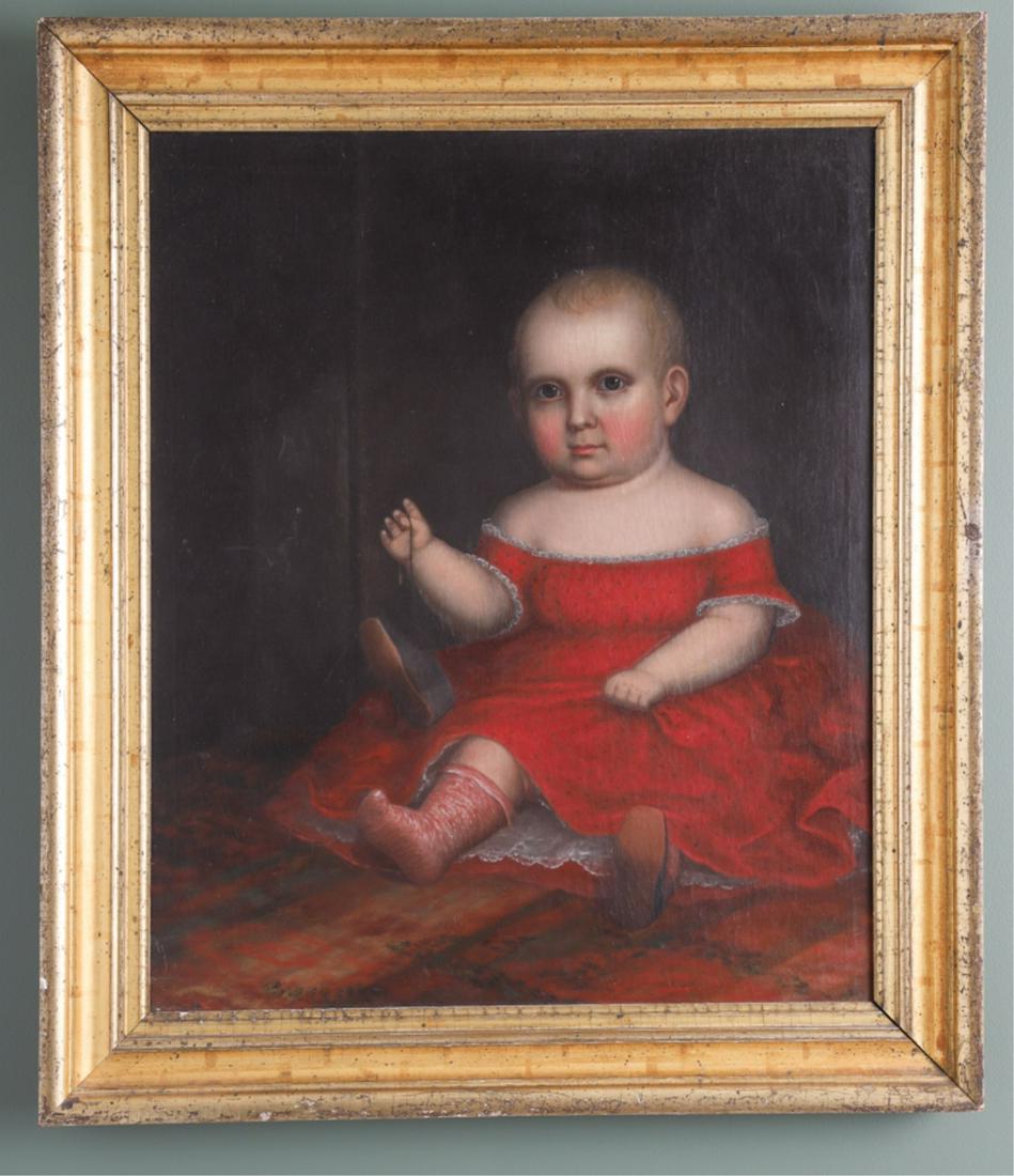 AMERICAN FOLK ART PAINTING: Oil on canvas of a young child in a red dress, seated on a pattered rug, holding a shoe by the lace, first quarter of the 19th century, unsigned, 26 x 21.5 inches, frame 30.75 x 26.15 inches