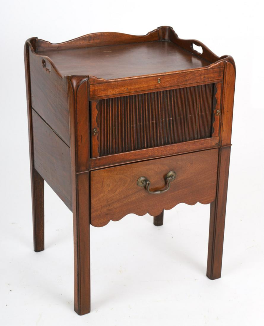 GEORGE III TRAY TOP COMMODE: Mahogany with handhold tray tops, tambour cabinet over a scalloped drawer, on beaded Marlborough legs, 30 x 19 x 17