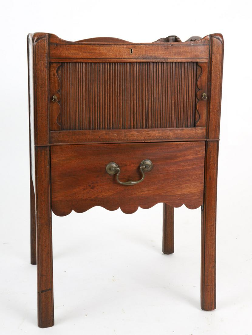 GEORGE III TRAY TOP COMMODE: Mahogany with handhold tray tops, tambour cabinet over a scalloped drawer, on beaded Marlborough legs, 30 x 19 x 17