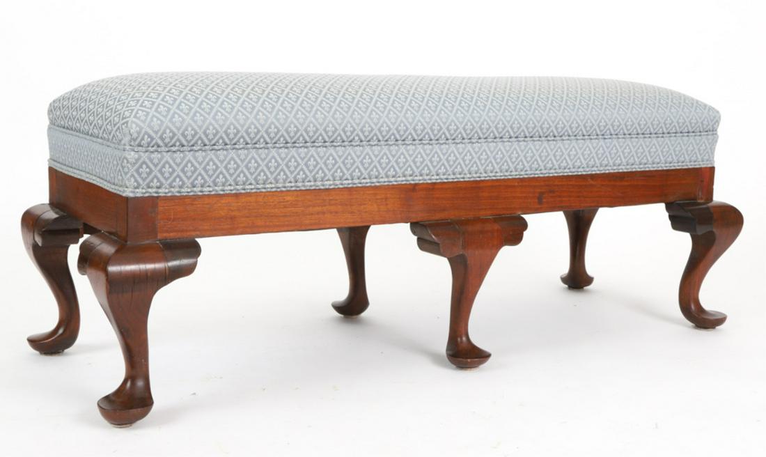 QUEEN ANNE STYLE FIRESIDE BENCH: Centennial, damask upholstered seat raised on six short cabriole legs, 17 x 44 x 15 inches