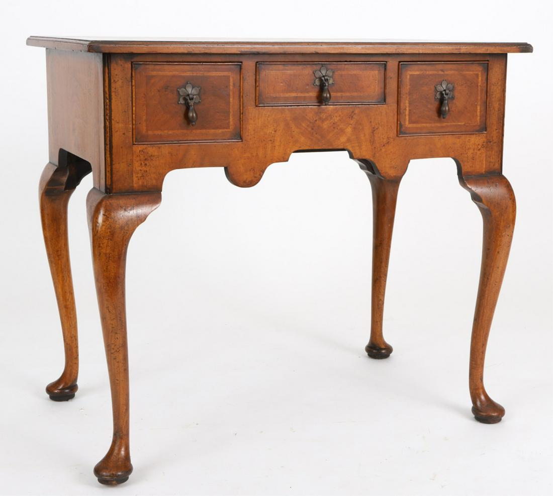 (20th c) QUEEN ANN STYLE DRESSING TABLE: Burlwood, custom made. 30 inches w x 27 inches h x 19 inches d