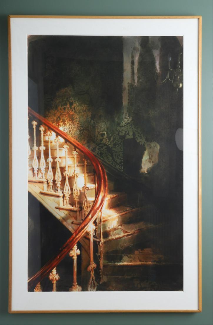MIKE GREEN (AMERICAN 20TH C) WATERCOLOR: Dark Staircase, 1985, framed by Stanhope, Boston, Clark Gallery label affixed verso, sight size 52.25 x 32 inches, frame, 60.5 x 39 inches