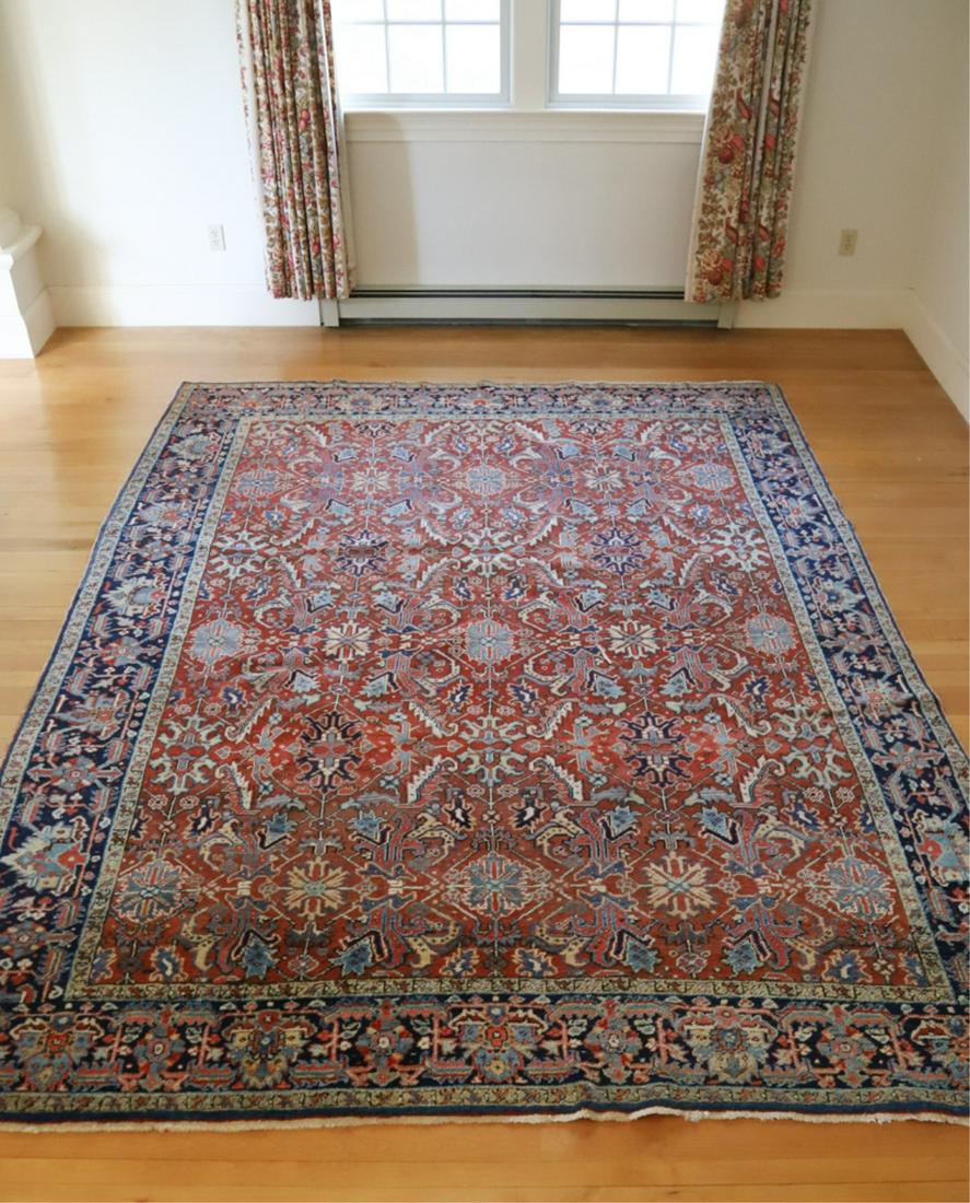1920'S VINTAGE ANTIQUE PERSIAN ROOM SIZE CARPET: Heriz design with geometric pattern with salmon and rust. 11 feet 7 inches x 9 feet