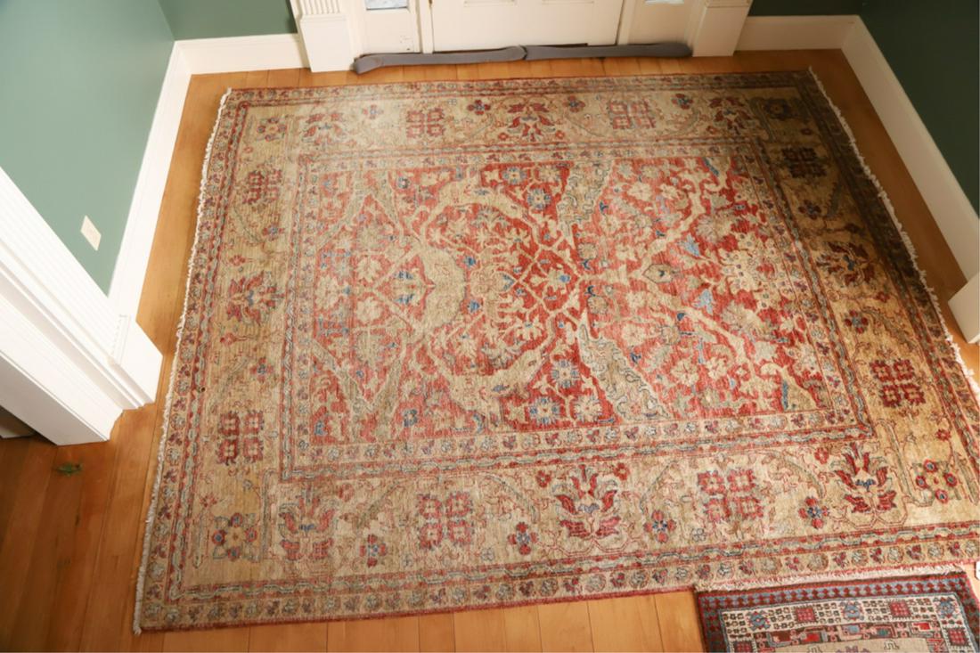 MODERN PAKISTANI ORIENTAL CARPET: Large floral designs with vegetable dyed colors. 8 feet 8 inches x 7 feet 9 inches