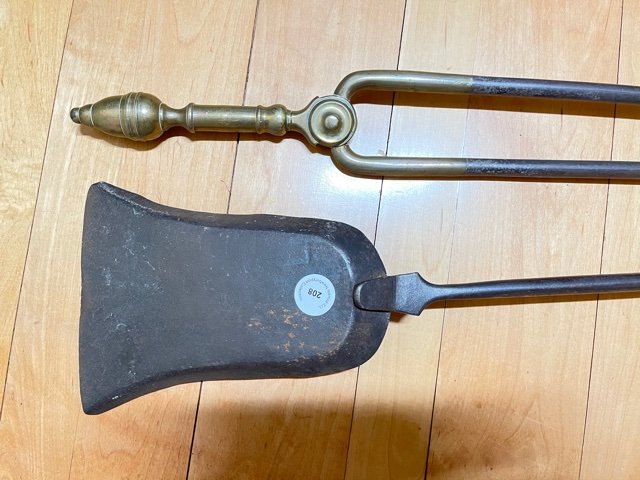 PAIR OF FEDERAL ACORN HANDLE FIRE TOOLS: Brass with iron, ash shovel and log tongs, tallest is 31 inches. Andirons and fender not included (group shot)