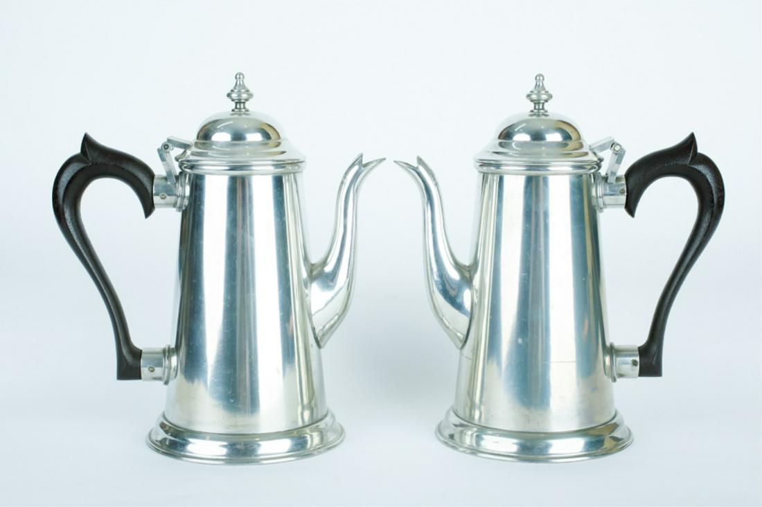 PAIR OF KIRK STIEFF PEWTER COFFEE POTS: Traditional form, with wood handles, no monograms, 9 inches high