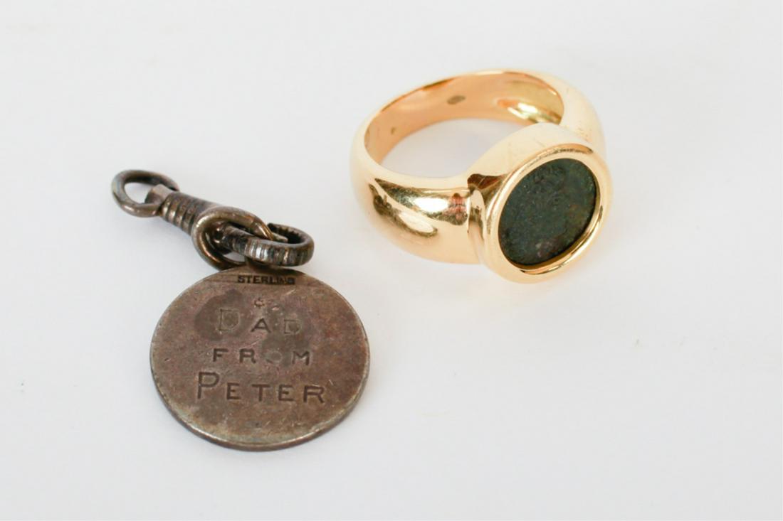 MEN'S GOLD RING: Inset with period Roman coin, signed "Valente", along with silver charm. Size 7.5 6.3 dwt