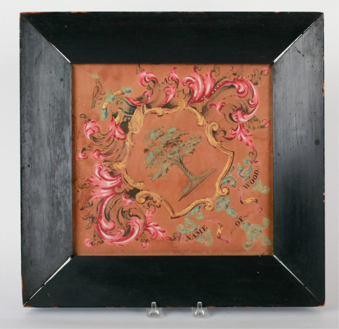 DAVID WOOD CLOCKMAKER COAT OF ARMS: Heraldic watercolor and gold gilding on paper "Wood" coat of arms, a flourish centered with a tree, crested by a dove with olive leaf, attributed to Benjamin Johnston (Massachusetts 1740-1818), inscri