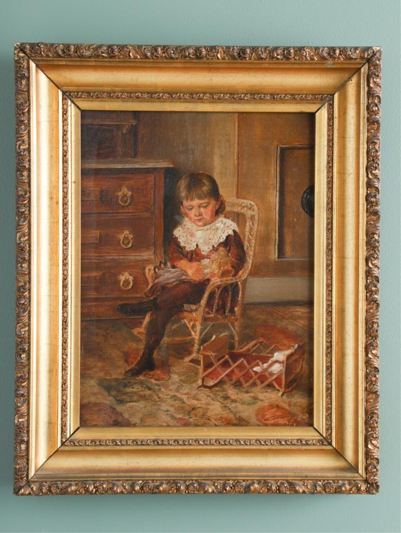 VICTORIAN PAINTING OF A GIRL: Oil on canvas of a seated young girl holding her doll, next to a doll crib, unsigned, 13 x 10 inches, frame, 17.5 x 14.5 inches