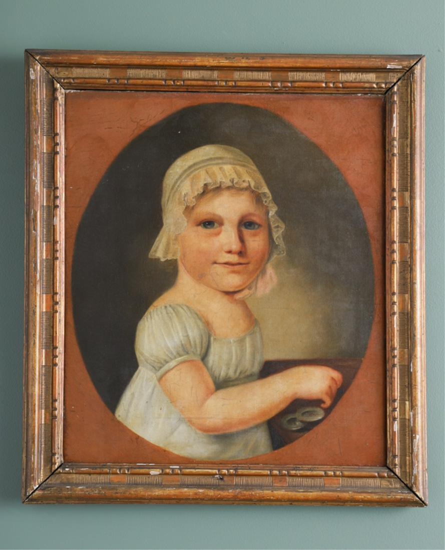 EUROPEAN PORTRAIT OF A YOUNG GIRL: Oil on canvas half length oval portrait of a young smiling girl in a bonnet, pewter plates in the background, unsigned, indistinct inscription on stretcher verso, 15.5 x 13.5 inches, frame, 18.5 x 16 